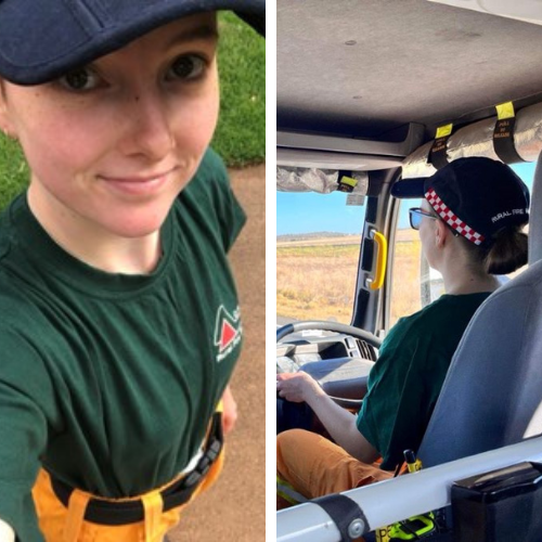 Claire in her uniform and driving a truck